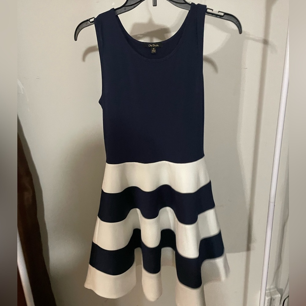 Blue Dress with Striped Bottom